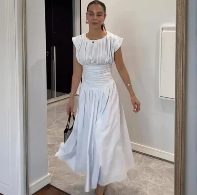 Waist Slimming A Line Pleated Stitching Short Sleeve Mid length Dress White - Shop at LoveMi