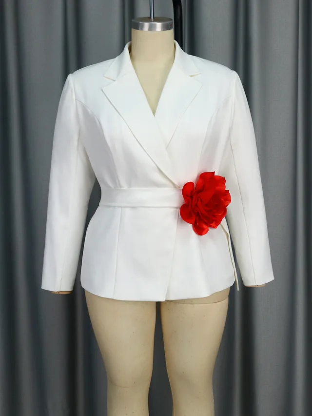 V neck Long Sleeve Flower Contrast Color Slim Fit Commuter Top White - Shop at LoveMi