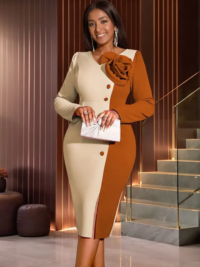 Party Banquet V neck Long Sleeve Mid length Dress Khaki - Shop at LoveMi