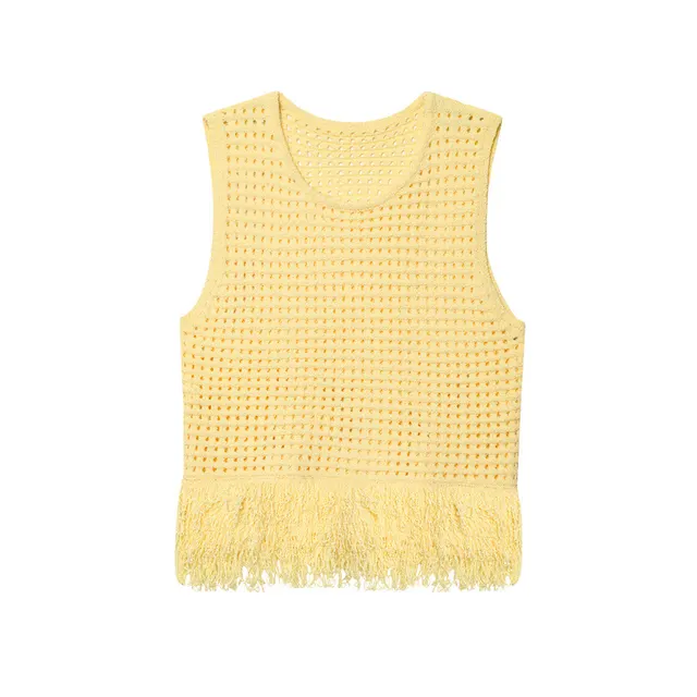 Fashionable Simple Decorated Tassel Plaid Knitted Top For Women Yellow - Shop at LoveMi