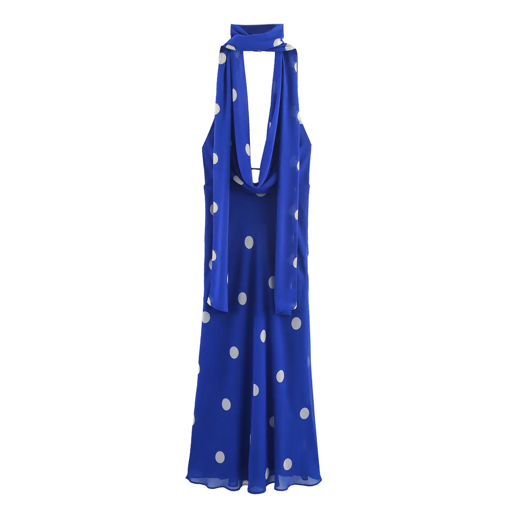 Fashionable Temperament Polka Dot Printing Midi Skirt Dress Women - Blue