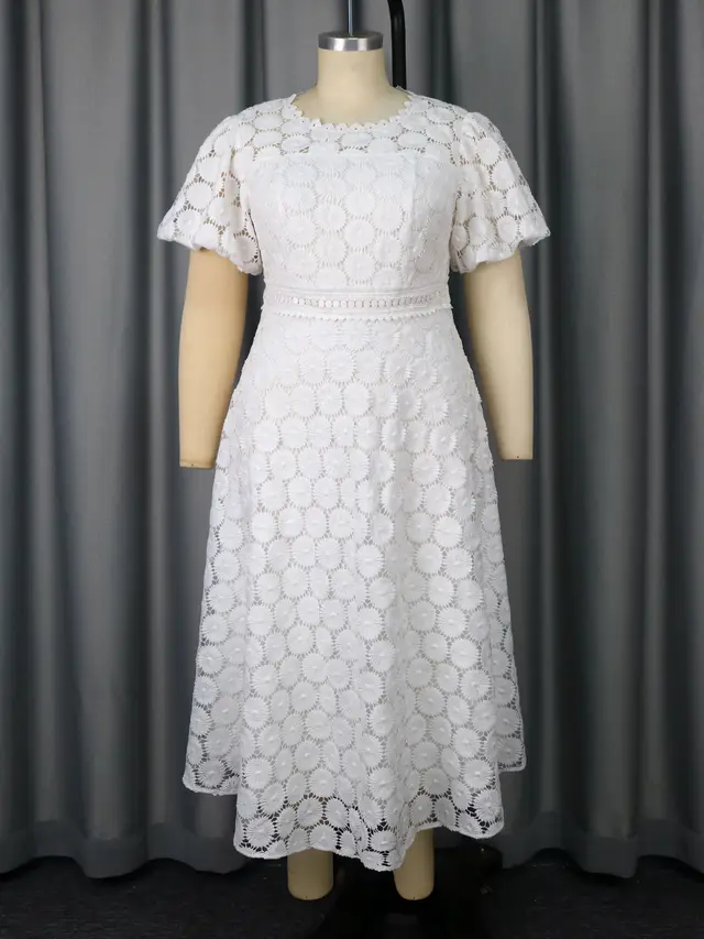 Plus Size Round Neck Lace Puff Sleeve Dress White - Shop at LoveMi