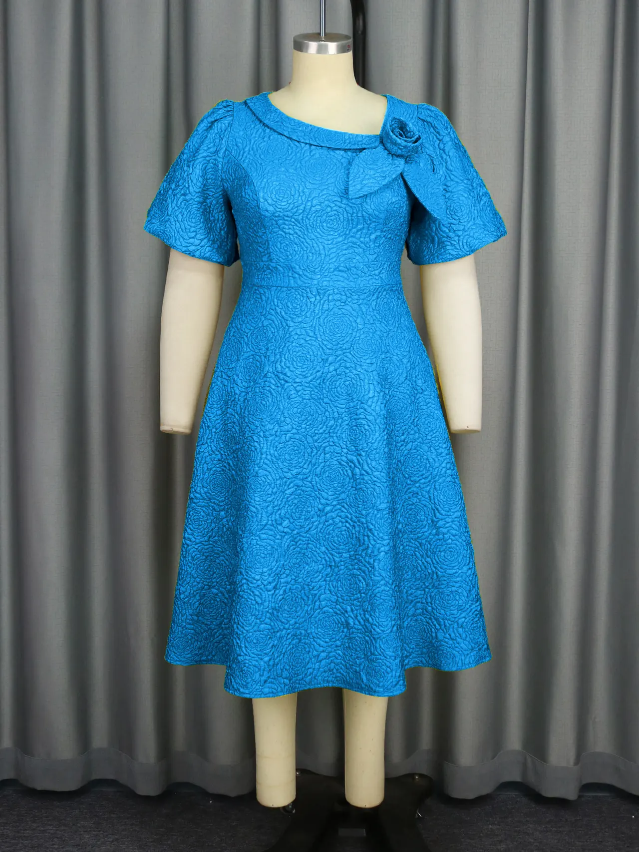 A- Line New Jacquard Fabric Flower Dress - Blue