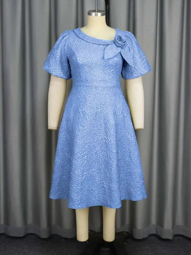 A Line New Jacquard Fabric Flower Dress Light Blue - Shop at LoveMi