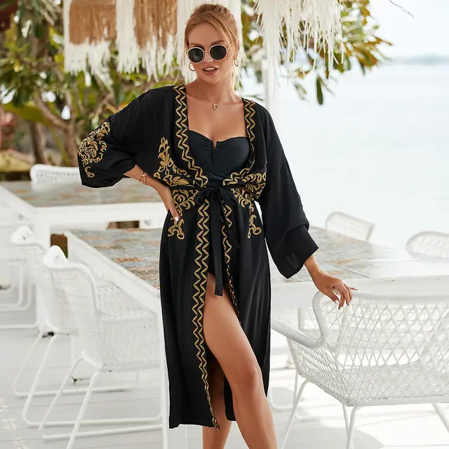 Beach Cover up Rayon Embroidered Holiday Women's Cardigan Sun Protection Shirt Bikini Cover Black Gold Embroidery - Shop at LoveMi