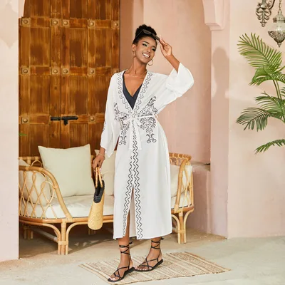 Beach Cover up Rayon Embroidered Holiday Women's Cardigan Sun Protection Shirt Bikini Cover White Black Embroidery - Shop at LoveMi