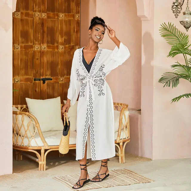 Beach Cover up Rayon Embroidered Holiday Women's Cardigan Sun Protection Shirt Bikini Cover White Black Embroidery - Shop at LoveMi