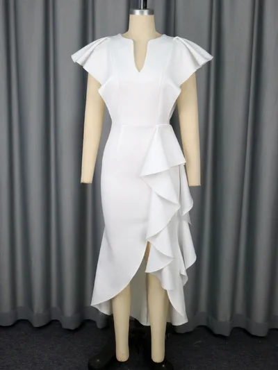 High Waist Irregular Elegant V neck Flounce Dress White - Shop at LoveMi