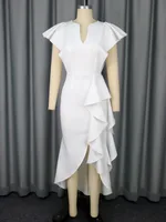 High Waist Irregular Elegant V-neck Flounce Dress - White