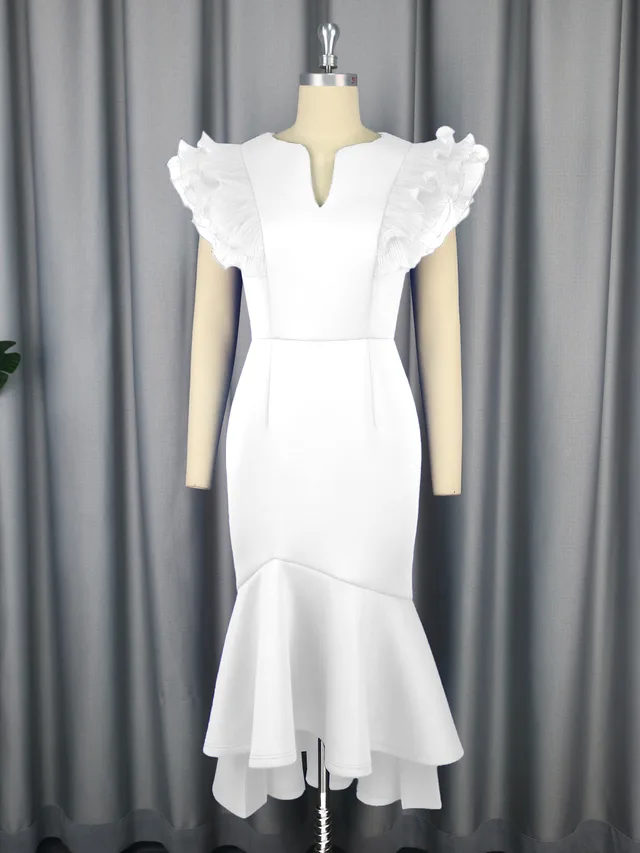 Banquet Temperament High Waist Lotus Leaf Pleated Short Sleeve Dress White - Shop at LoveMi