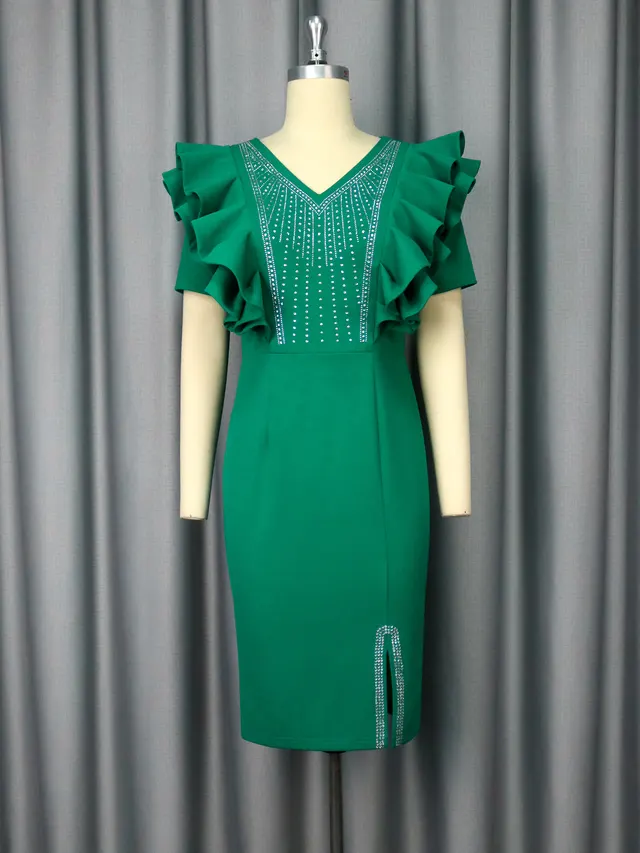 Fashion Ruffles Beaded Slit Banquet Evening Dress Green - Shop at LoveMi