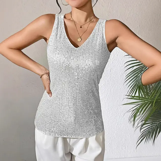Sexy V neck Loose Sequined T shirt Outer Wear Inner Wear Women's Vest White - Shop at LoveMi