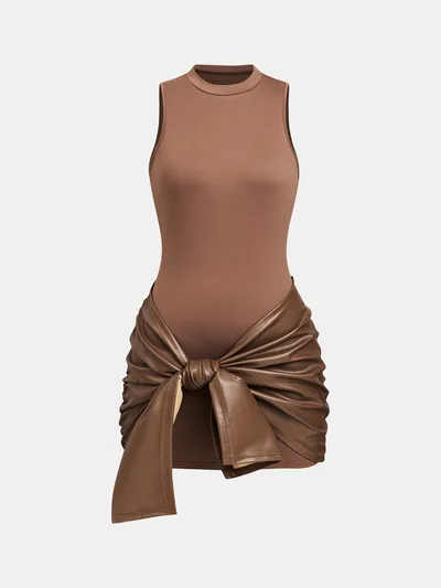Solid Color Sleeveless Mini Dress Front Lace up PU Decoration Two piece Set Brown - Shop at LoveMi