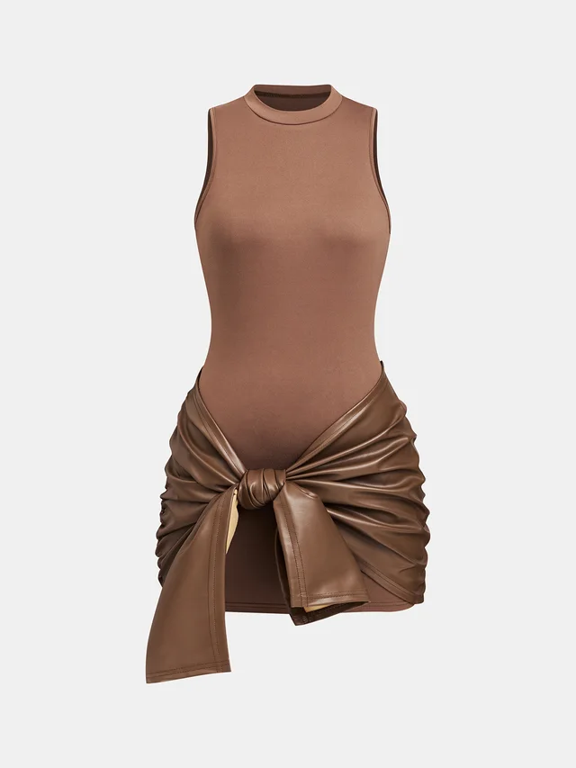 Solid Color Sleeveless Mini Dress Front Lace up PU Decoration Two piece Set Brown - Shop at LoveMi