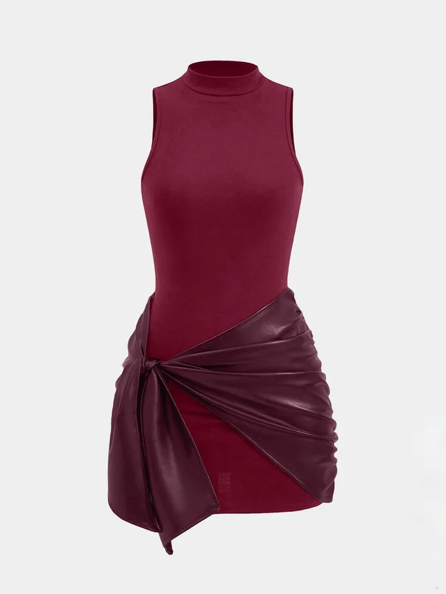 Solid Color Sleeveless Mini Dress Front Lace up PU Decoration Two piece Set Wine Red - Shop at LoveMi