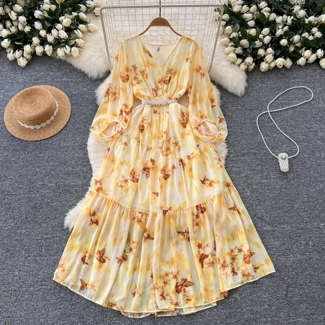 French Style High grade Waist tight Dress Women Yellow - Shop at LoveMi