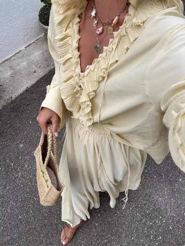 Ruffled Pleated Top And Skirt Elegant Casual Women's Suit Light Yellow - Shop at LoveMi