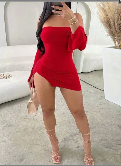 Sexy Off the shoulder Fashion Wrapped Chest Split Hip Hot Girl Dress Red - Shop at LoveMi