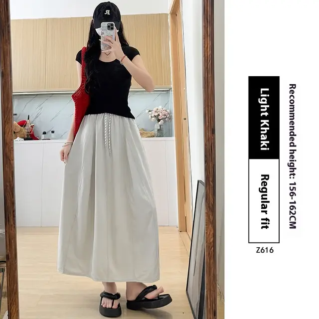High Waist A Line Plus Size Small Ice Silk Workwear Skirt Light Khaki Ice Silk - Shop at LoveMi
