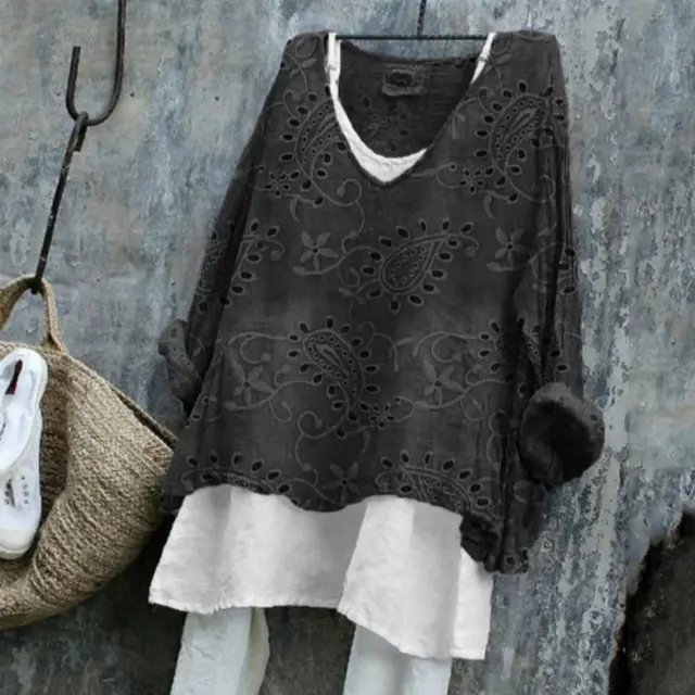 Vintage Western Paisley Floral Lace Linen Blend Long sleeve Top Black - Shop at LoveMi