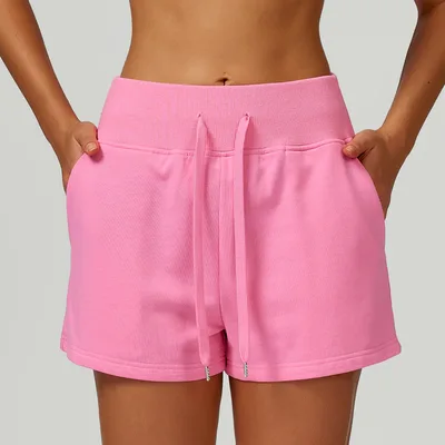 High Top Sports Sweatpants Pocket Drawstring Outdoor Exercise Shorts Rose Pink - Shop at LoveMi