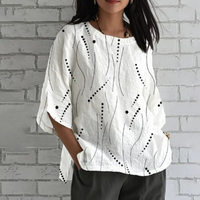 Comstylish Loose Linen Blend T Shirt With Geometric Art Print White - Shop at LoveMi