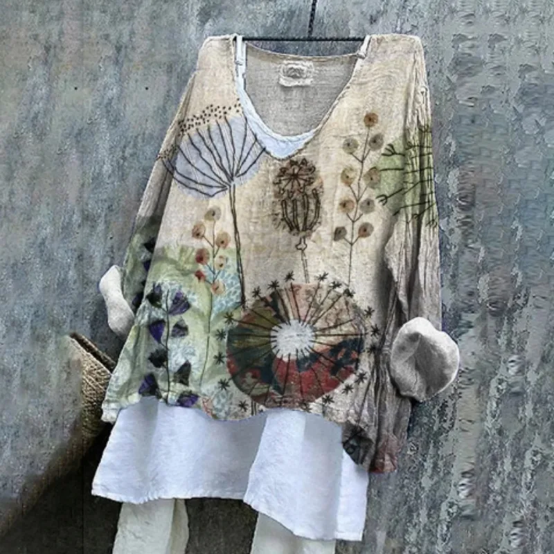 Retro Floral Art Linen Blend Long-sleeve Top - Beige - View 1