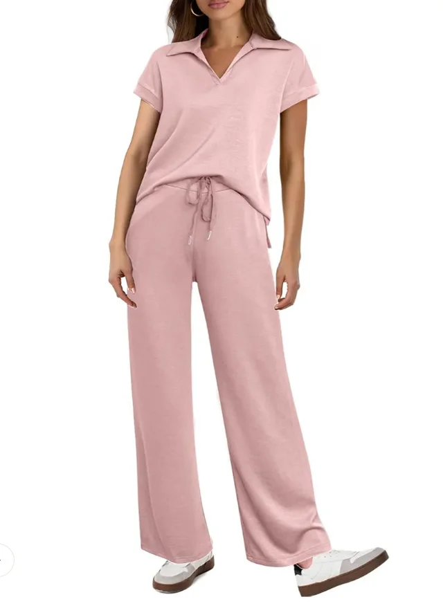 Two piece Set With Drawstring Design Elastic Waist Flared Pants Pink - Shop at LoveMi