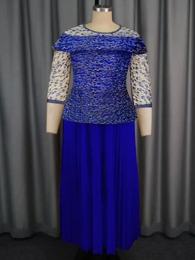 Women's Solid Color Versatile Lace Long Sleeved Pleated Skirt Blue - Shop at LoveMi
