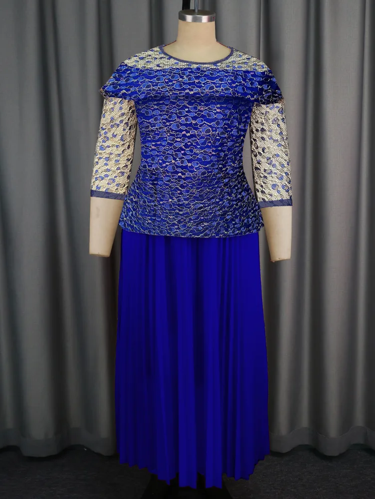 Women's Solid Color Versatile Lace Long Sleeved Pleated Skirt - Blue - View 1
