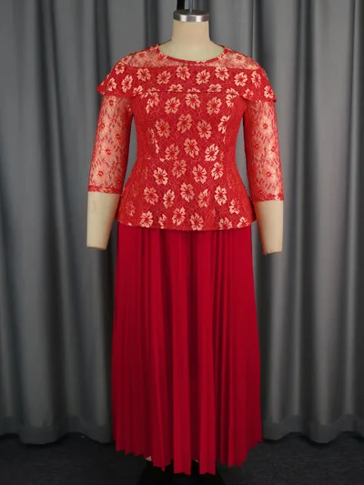 Women's Solid Color Versatile Lace Long Sleeved Pleated Skirt Red - Shop at LoveMi