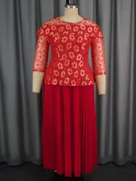 Women's Solid Color Versatile Lace Long Sleeved Pleated Skirt - Red