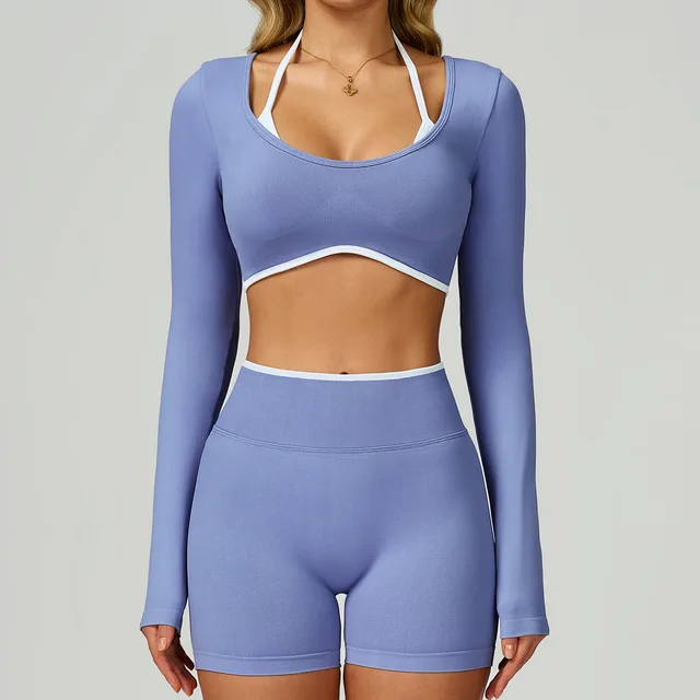Seamless Contrast Color Yoga Long Sleeve Fake Two piece Short Version Slim Fit Yoga T shirt Hit White And Blue - Shop at LoveMi