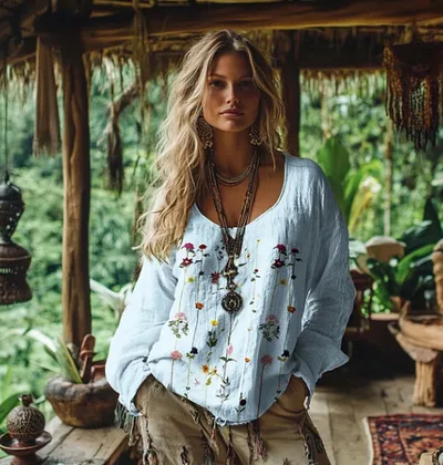 Women's Retro Bohemian Print Cotton And Linen Blend Loose Blouse Blue - Shop at LoveMi