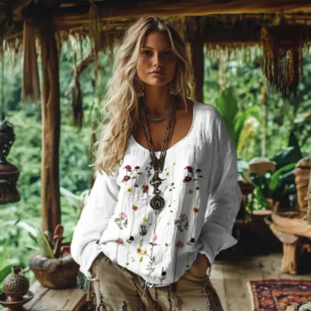 Women's Retro Bohemian Print Cotton And Linen Blend Loose Blouse White - Shop at LoveMi