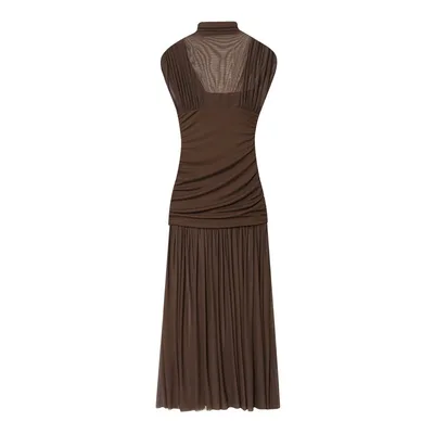 Half Turtleneck Mesh Stitching Long Dress Brown - Shop at LoveMi