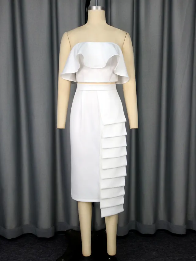 Tube Top White Shirt Asymmetric Hip Skirt Suit White - Shop at LoveMi