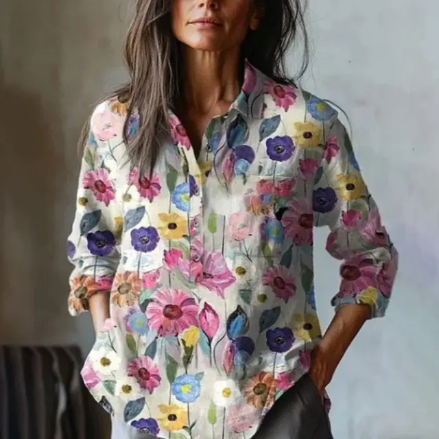 Women's Vintage Floral Art Print Casual Cotton And Linen Shirt Beige - Shop at LoveMi