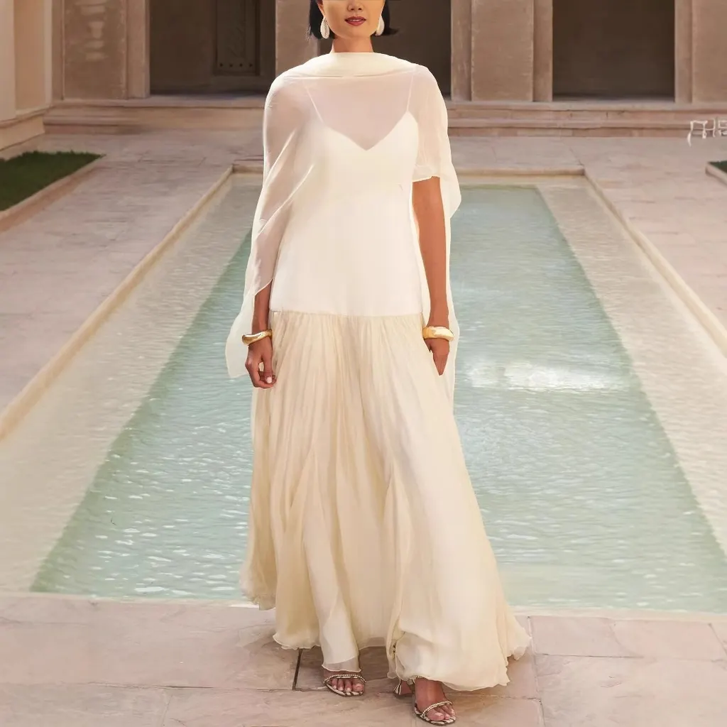 Scarf Elegant Vacation Style Suspender Dress - Apricot