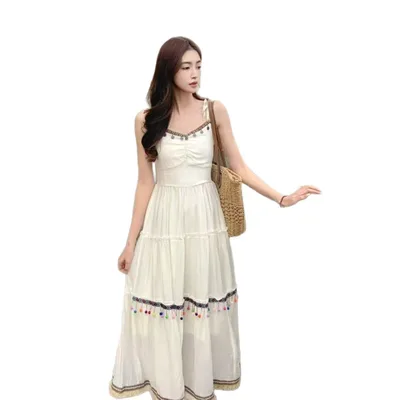 Vacation Style Red Suspender Skirt Ethnic Style Dress Apricot - Shop at LoveMi