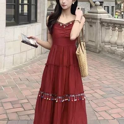 Vacation Style Red Suspender Skirt Ethnic Style Dress Red - Shop at LoveMi