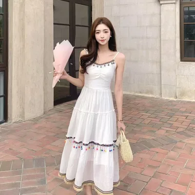 Vacation Style Red Suspender Skirt Ethnic Style Dress White - Shop at LoveMi