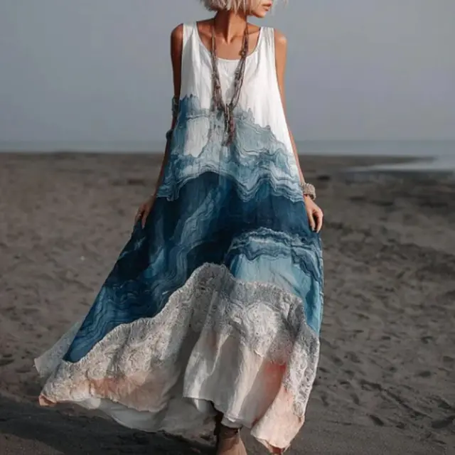 White Sleeveless Ocean Wave Gradient Dye Maxi Dress With Pockets White - Shop at LoveMi