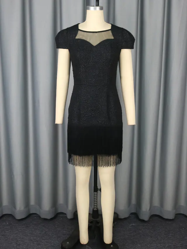 Hollow Lace Black Round Neck Dress Black - Shop at LoveMi