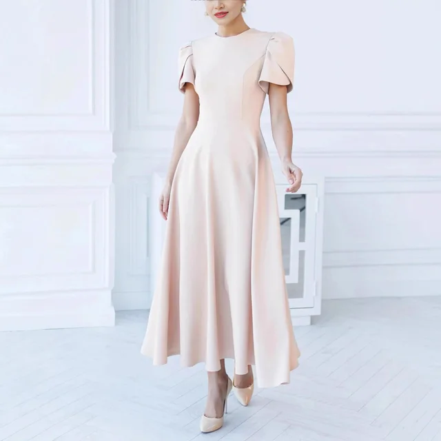 European And American Elegant Waist tight Simple Puff Sleeve Dress Milky White - Shop at LoveMi
