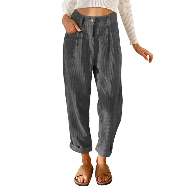 Women's High Waist Casual Pants Solid Color Loose Straight Trousers Dark Gray - Shop at LoveMi