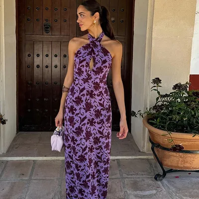 Slimming Dress Halter Off the shoulder Floral Purple - Shop at LoveMi
