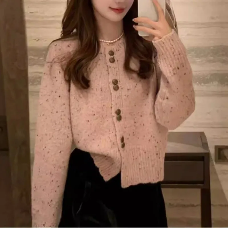 Women's Fashion Sweet Fashionable Round Neck Knitted Cardigan Jacket Pink - Shop at LoveMi