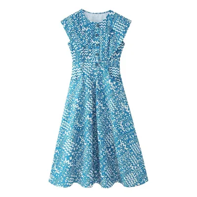 Female Casual Round Neck New Printed Sleeveless Dress Blue - Shop at LoveMi