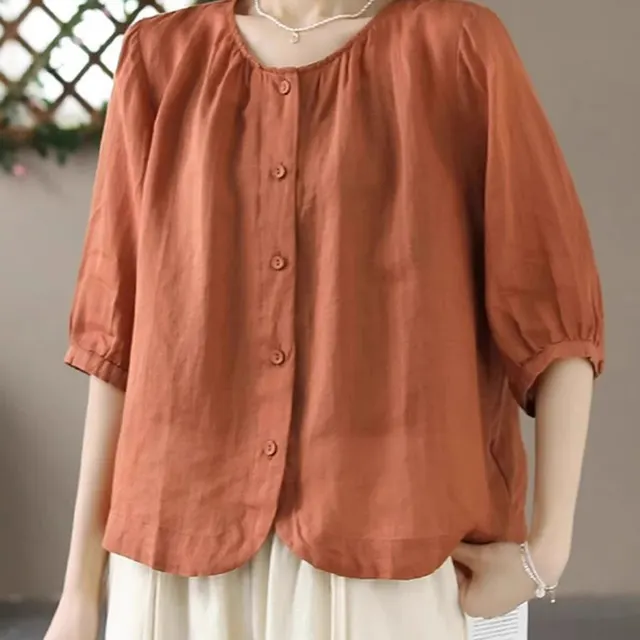 Cotton And Linen Shirt Women's Elegant Single breasted Round Neck Top Caramel - Shop at LoveMi